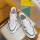 L Trainers White and Blue Upper View Front upper view of L trainers in white and blue displaying eyelets