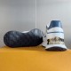 L Trainers White and Blue Sole Detail Sole and heel view of L trainers in white and blue showing tread pattern