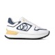 L Trainers White and Blue Side Profile Side profile of L trainers in white and blue with gold-tone heel insert