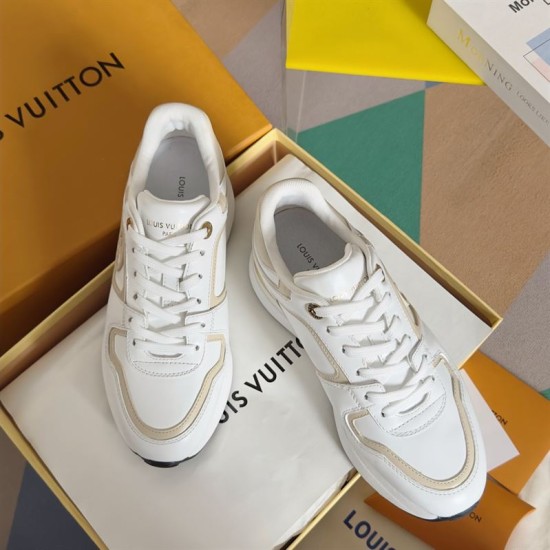 L Neo Run Away Trainers in white, beige, and gold detail top-down box layout