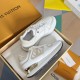 L Neo Run Away Trainers in white, beige, and gold detail stacked inside packaging