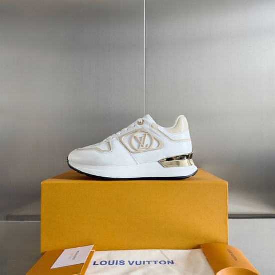 L Neo Run Away Trainers in white, beige, and gold detail displayed on box