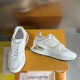 L Neo Run Away Trainers in white, beige, and gold detail angled pair overhead