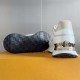 L Neo Run Away Trainers in white, beige, and gold detail showing outsole tread and heel