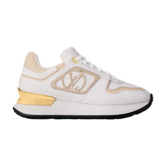 L Neo Run Away Trainers in white, beige, and gold detail studio profile