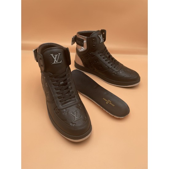 L Rivoli High-Top Leather Monogram Trainers In Black - With Insole Black L high-top trainers presented alongside a removable branded black insole