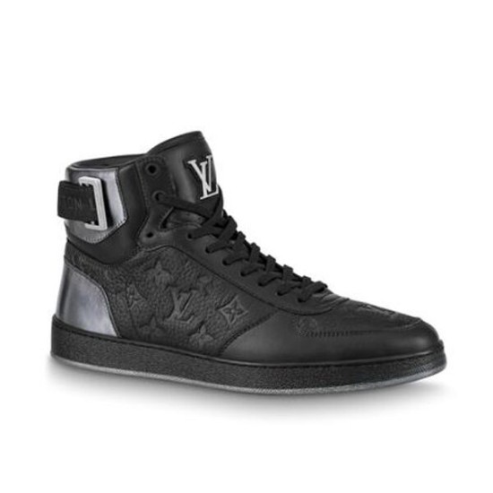 L Rivoli High-Top Leather Monogram Trainers In Black - Side View Side profile of black L high-top trainers showing monogram upper and metallic heel panel