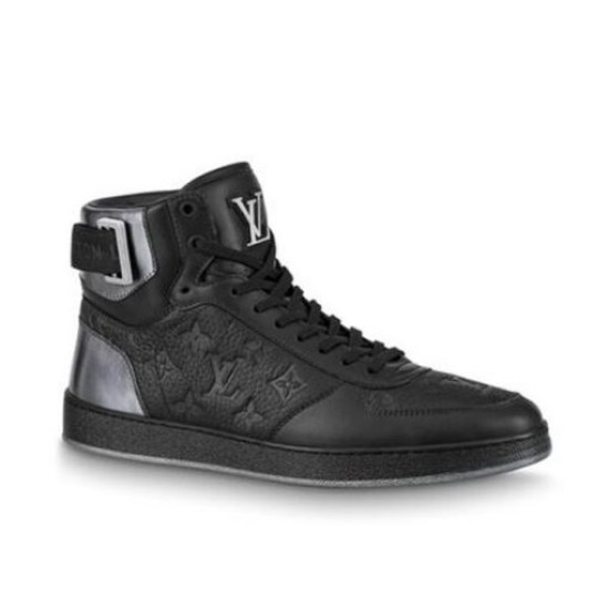 L Rivoli High-Top Leather Monogram Trainers In Black - Studio Angle Studio shot of a single black L high-top trainer against a clean backdrop