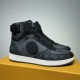 L Rivoli Monogram Canvas High Top Trainers Black Grey with Charm L Rivoli Monogram Canvas High Top Trainers Black Grey side angle with attached charm