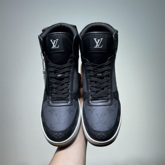 L Rivoli Monogram Canvas High Top Trainers Black Grey Front View L Rivoli Monogram Canvas High Top Trainers Black Grey front view showing laces