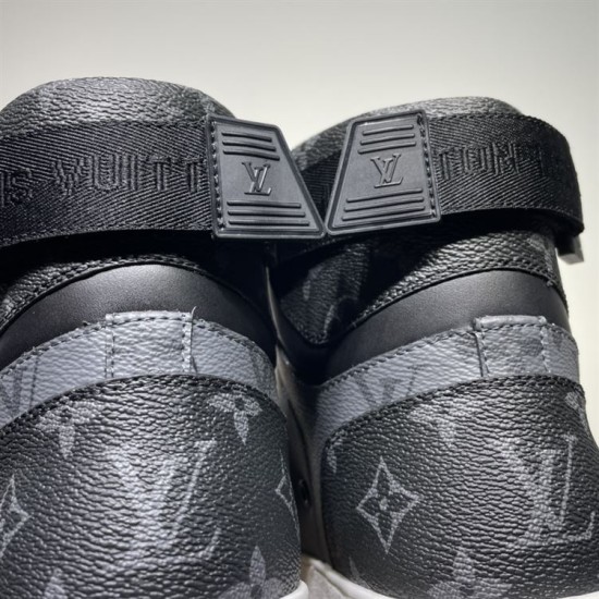 L Rivoli Monogram Canvas High Top Trainers Black Grey Rear View L Rivoli Monogram Canvas High Top Trainers Black Grey heel and ankle strap rear view
