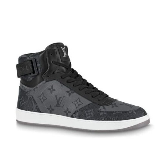 L Rivoli Monogram Canvas High Top Trainers Black Grey Studio View L Rivoli Monogram Canvas High Top Trainers Black Grey clean studio profile view