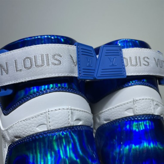 L High Top Trainers Rear View in white and blue Rear view showcasing ankle strap and metallic blue panels of L trainers in white and blue