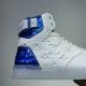 L High Top Trainers Heel Detail in white and blue Close-up of ankle strap and metallic blue heel on L high top trainers in white and blue