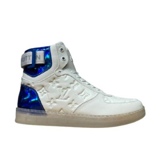 L High Top Trainers Studio View in white and blue Studio profile view of L high top trainers in white and metallic blue