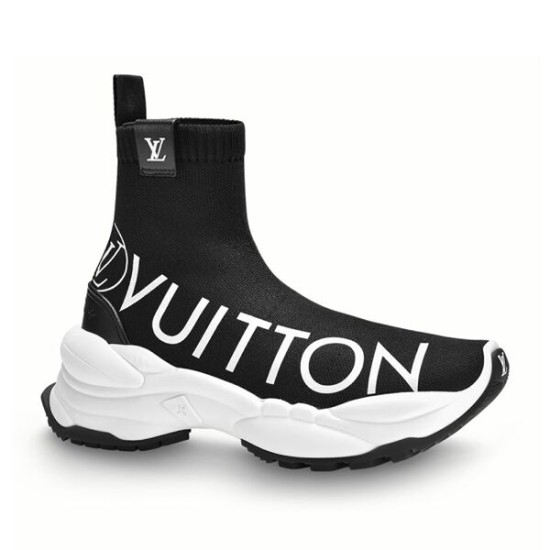 L Run Knit Sock Sneaker Boot In Black Side View in black and white Side profile of the L Run Knit Sock Sneaker Boot in black with white text branding and sculpted white sole.