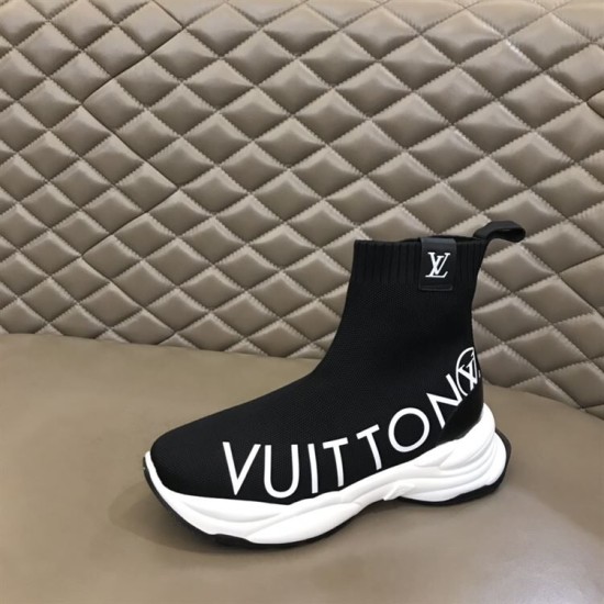 L Run Knit Sock Sneaker Boot Outer Lateral View in black and white Lateral side view of the black knit sock sneaker boot highlighting the chunky white sole.
