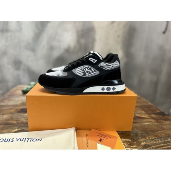 L Run Away Mesh Panel Monogram Midsole Trainers with packaging in black and grey L Run Away Mesh Panel Monogram Midsole Trainers displayed on an orange box in black and grey