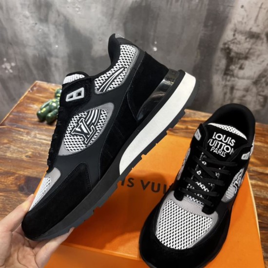 Angled view of L Run Away Mesh Panel Monogram Midsole Trainers in black and grey Angled view of L Run Away Mesh Panel Monogram Midsole Trainers in black and grey