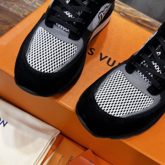 Detail view of L Run Away Mesh Panel Monogram Midsole Trainers in black and grey Close up of the mesh and panel detail on L Run Away Mesh Panel Monogram Midsole Trainers in black and grey