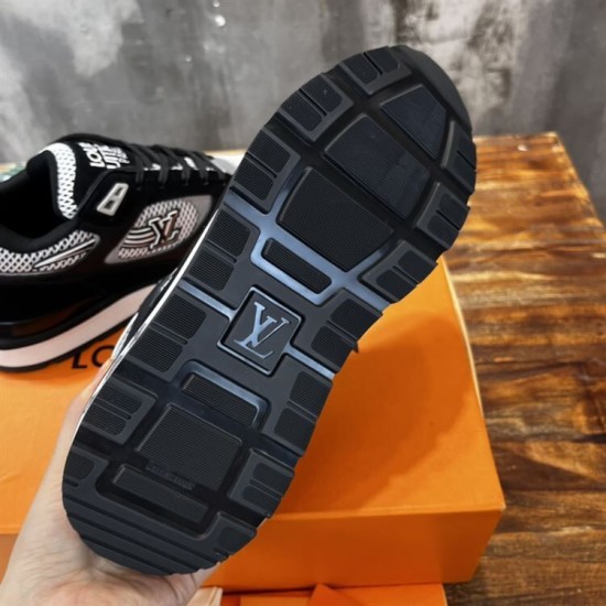 Sole view of L Run Away Mesh Panel Monogram Midsole Trainers in black and grey Bottom view of L Run Away Mesh Panel Monogram Midsole Trainers showing tread pattern in black and grey