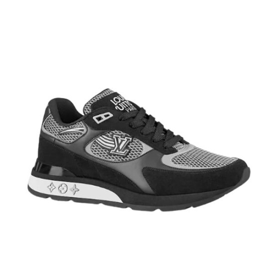 Side view of L Run Away Mesh Panel Monogram Midsole Trainers in black and grey Side profile of L Run Away Mesh Panel Monogram Midsole Trainers in black and grey