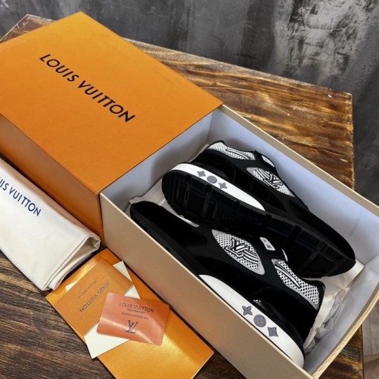 L Run Away Mesh Panel Monogram Midsole Trainers in box in black and grey L Run Away Mesh Panel Monogram Midsole Trainers inside the branded orange box in black and grey