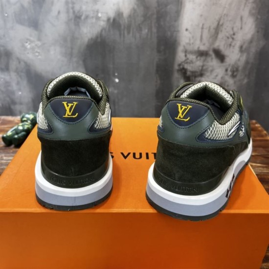 Rear view of L green trainers displaying branded heel tabs and midsole accents
