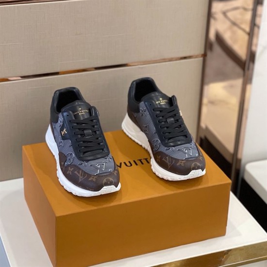 Pair view of L Run Away Monogram Pattern Black Brown Sneakers on box Pair of L Run Away Monogram Pattern Black Brown Sneakers resting atop a branded box