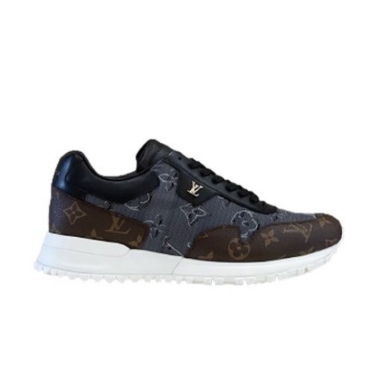 Studio side profile view of L Run Away Monogram Pattern Black Brown Sneakers Studio side profile view of L Run Away Monogram Pattern Black Brown Sneakers against a plain backdrop