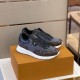 Angled front perspective view of L Run Away Monogram Pattern Black Brown Sneakers Angled front perspective of L Run Away Monogram Pattern Black Brown Sneakers on packaging