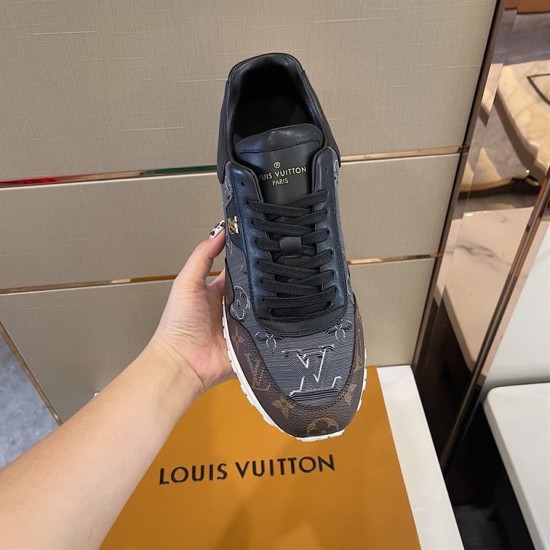 Top-down lace and tongue view of L Run Away Monogram Pattern Black Brown Sneakers Top-down view showing laces and tongue branding of L Run Away Monogram Pattern Black Brown Sneakers