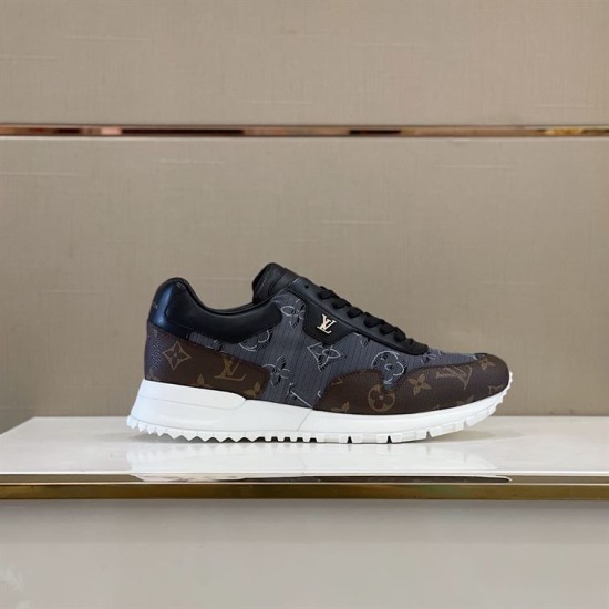 Studio display view of L Run Away Monogram Pattern Black Brown Sneakers L Run Away Monogram Pattern Black Brown Sneakers displayed on a shelf in studio lighting