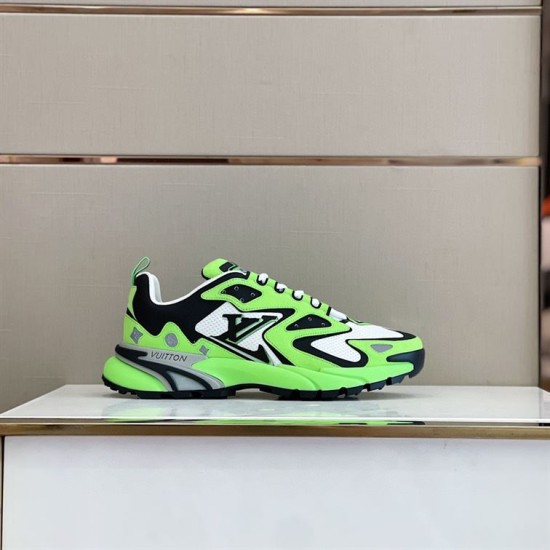 L Runner Tactic Green Mesh Leather Trainers Side Profile L Runner Tactic Green Mesh Leather Trainers side profile on display table