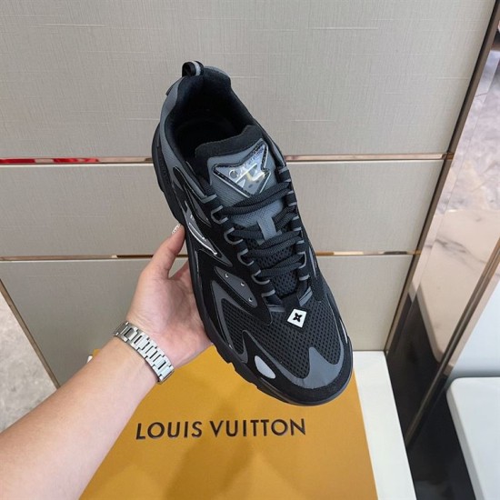L Runner Tactic Low Top Mesh Trainers In Black And Grey top down view of single shoe