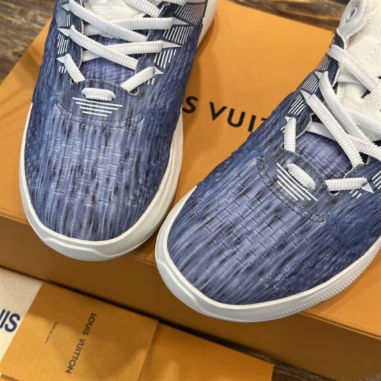 L Blue and White Trainers Toe Box View Detailed top view of the blue and white toes and white laces