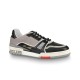 L Trainer Outer Side Profile in black and grey L Trainer low top black and grey leather trainer viewed from outer side profile