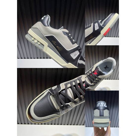 L Trainer Multi-Angle Collage in black and grey L Trainer low top black and grey leather trainers multi-angle collage view