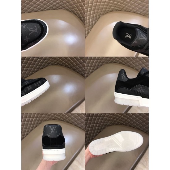Detail Collage - L Trainer Monogram Canvas Low Top Black Trainers in black and white Collage view displaying toe box, interior collar, heel counter, and outsole of L Trainer Monogram Canvas Low Top Black Trainers in black and white