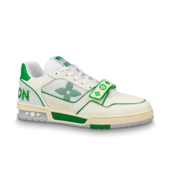 L Trainer Green Mesh Low Top Trainers Studio View Studio profile shot of L Trainer Green Mesh Low Top Trainers in white and green