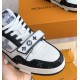 Strap and lacing detail of L Monogram Denim Strap Trainers in denim and black Close up of the strap and lacing on L Monogram Denim Strap Trainers in denim and black