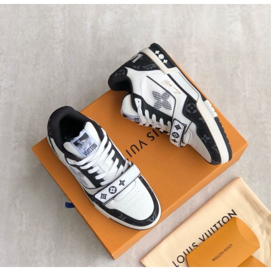 Overhead view of L Monogram Denim Strap Trainers in denim and black Overhead view of L Monogram Denim Strap Trainers in black and white