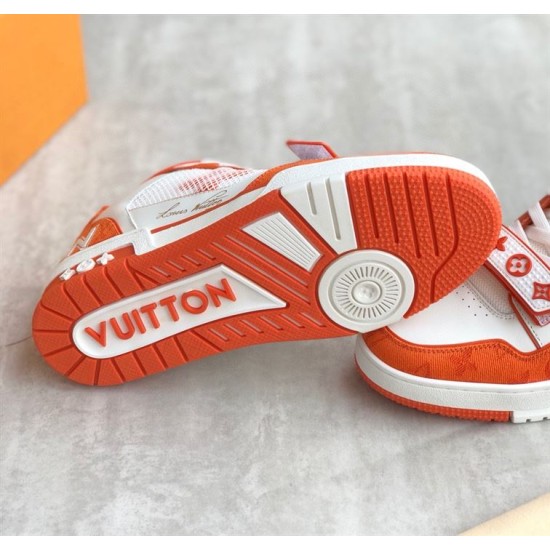 Sole View of Orange L Trainer Monogram Denim Low Top Trainers in orange and white Underside tread pattern of orange and white L trainers with embossed lettering