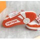 Sole View of Orange L Trainer Monogram Denim Low Top Trainers in orange and white Underside tread pattern of orange and white L trainers with embossed lettering