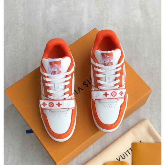 Top View of Orange L Trainer Monogram Denim Low Top Trainers in orange and white Top down view of orange and white L trainers showing laces and tongue detail
