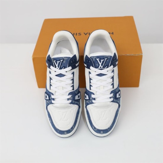 Direct Top-Down View - L Trainer Monogram Denim Blue And White Low Top Trainers Direct top-down view showing toe boxes and tongue branding of L Trainer Monogram Denim Blue And White Low Top Trainers