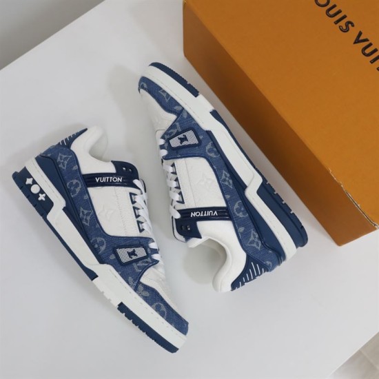 Overhead Angled View - L Trainer Monogram Denim Blue And White Low Top Trainers Overhead angled view of L Trainer Monogram Denim Blue And White Low Top Trainers highlighting upper construction