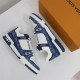 Overhead Angled View - L Trainer Monogram Denim Blue And White Low Top Trainers Overhead angled view of L Trainer Monogram Denim Blue And White Low Top Trainers highlighting upper construction