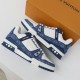 Angled Pair View - L Trainer Monogram Denim Blue And White Low Top Trainers Angled pair view of L Trainer Monogram Denim Blue And White Low Top Trainers next to brand box