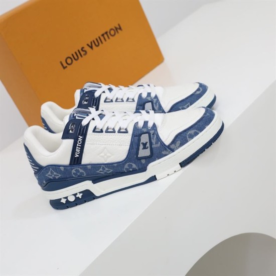 Side Profile Pair View - L Trainer Monogram Denim Blue And White Low Top Trainers Side profile pair view of L Trainer Monogram Denim Blue And White Low Top Trainers